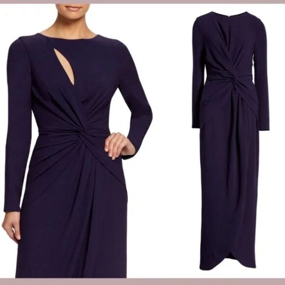 NWT Dress the Population Naomi Long Sleeve Twist Crepe Gown Sz XXS Boysenberry - Picture 2 of 15